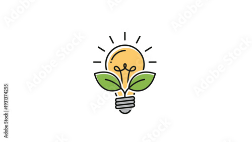 Eco-friendly innovation concept features a glowing light bulb with two green leaves at the base as a symbol for clean energy.