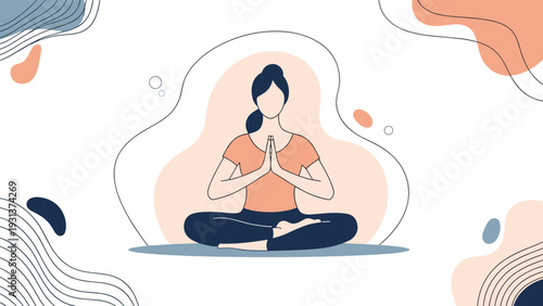 Woman practices yoga in a seated meditation pose surrounded by fluid abstract shapes and soft pastel colors in a flat style.