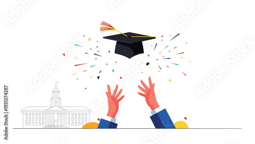 Celebration of graduation shows hands throwing a black mortarboard cap into the air with colorful confetti and a school.