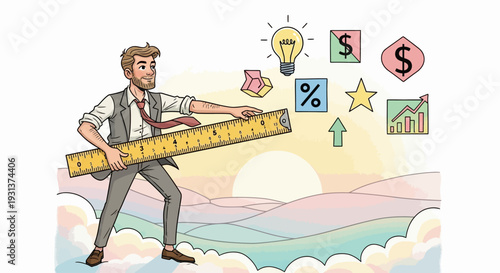 Man holding ruler with business icons.