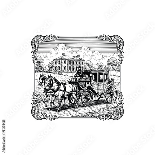 Vintage engraving illustration of a horse-drawn carriage traveling on a path toward a classic manor house in an ornate frame.