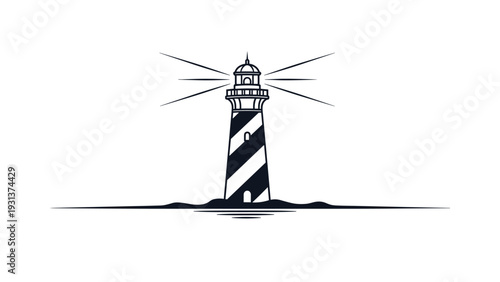 Simple black and white lighthouse icon standing on the shore with light rays shining to guide ships and symbolize safety and hope.