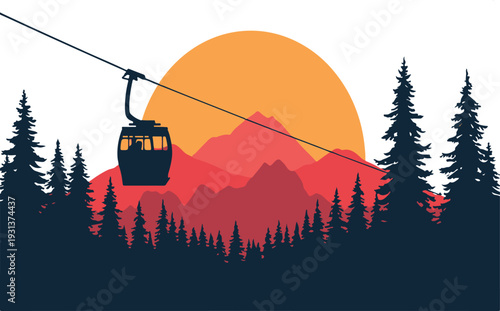 Mountain Gondola Ride at Sunset: Vector Illustration Featuring a Cable Car Over a Vibrant Pine Forest Landscape, Majestic Peaks, and a Golden Sky – Ideal for Travel & Outdoor Adventures.