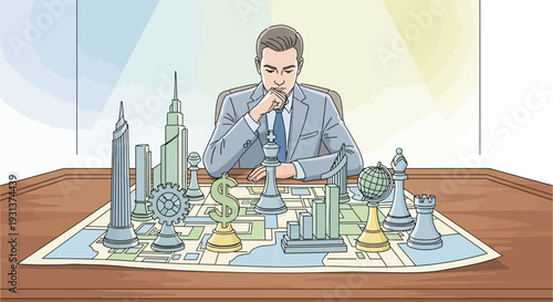 Businessman Strategizing with Cityscape Chessboard Model.