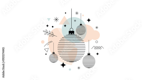 Modern abstract Christmas card with geometric bauble ornaments and snowflakes in a clean and stylish contemporary design style.