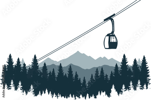 Mountain Gondola Lift & Pine Forest Silhouette Vector Art - Minimalist Alpine Landscape Illustration for Outdoor Adventure, Travel & Winter Sports Themes