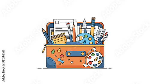 School bag or briefcase filled with an assortment of art and educational supplies including pencils, brushes, and a color palette.