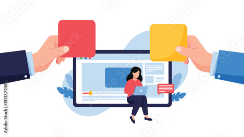 Hands holding red and yellow cards in front of a laptop screen where a woman is working, symbolizing feedback or project options.