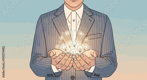 Man holding glowing idea in hands.