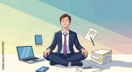 Man Meditating in Lotus Position Office.