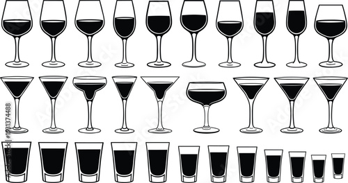 Wine cocktail and shot glass collection silhouette set red wine martini coupe and liquor glasses vector illustration isolated on white background