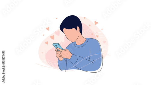 Young man looking at his smartphone with small floating heart shapes representing love, social media likes, or online dating.