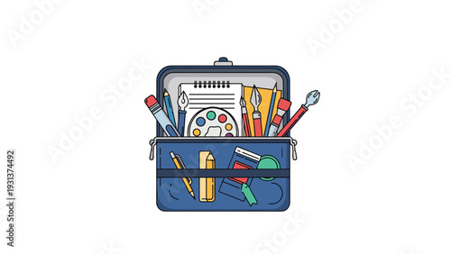 School backpack filled with various educational and art supplies such as pencils, a notebook, and a color palette for students.