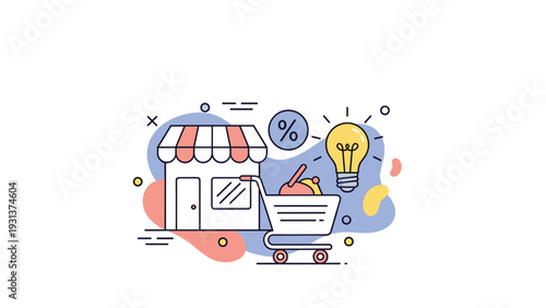 E-commerce and innovative retail business concept showing a physical store building with a shopping cart and a bright idea bulb.