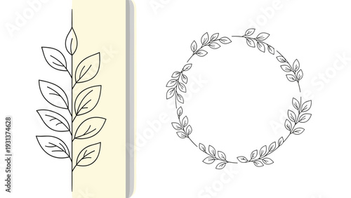 Simple line art illustration featuring a vertical leaf branch on the left and a circular leaf wreath on the right side.