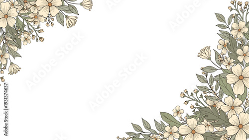 Elegant floral corner borders featuring soft cream colored flowers and muted green leaves on a clean white background.