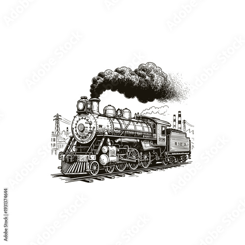 Vintage engraving illustration of a powerful classic steam locomotive train puffing smoke on a railway track.