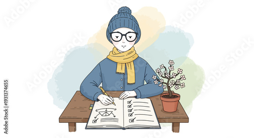 Illustration of Woman Drawing in Notebook.