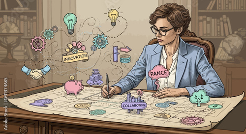 Woman planning business strategy with visual aids.