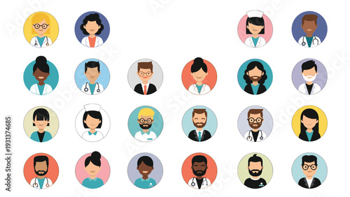 Flat design avatar collection representing a diverse team of doctors and nurses in colorful circular portrait icons.