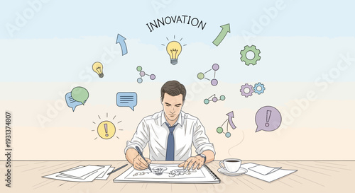 Man Innovating at Desk with Ideas.