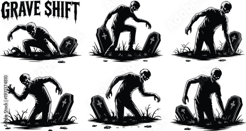 Zombie rising from grave illustration set with spooky cemetery tombstones and horror theme isolated on white background black and white artwork