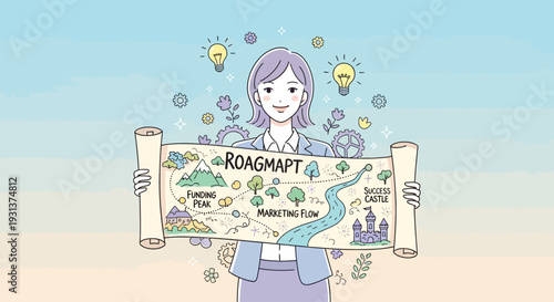 Woman holding a roadmap illustration.