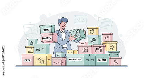 Man Standing Amongst Stacks of Money Boxes.