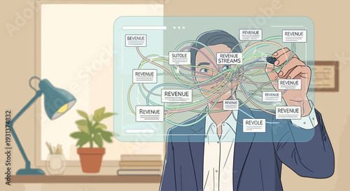 Businessman drawing mind map on transparent board.
