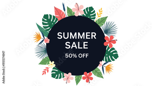 Tropical floral wreath with exotic leaves and flowers surrounding a dark circular badge with summer sale fifty percent off text.