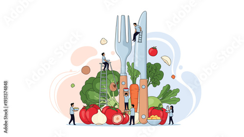 Creative culinary concept with miniature people preparing fresh vegetables around giant kitchen utensils like a fork and knife.