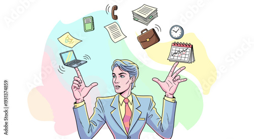 Man juggling office supplies and technology.