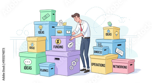 Man Standing Near Stacked Colorful Storage Boxes.