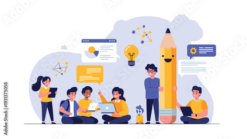 Group of children and students collaborating on a creative learning project with a giant smiling pencil and an idea lightbulb.