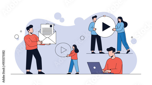 Digital content management and marketing concept with people handling large email icons and video playback symbols for business.