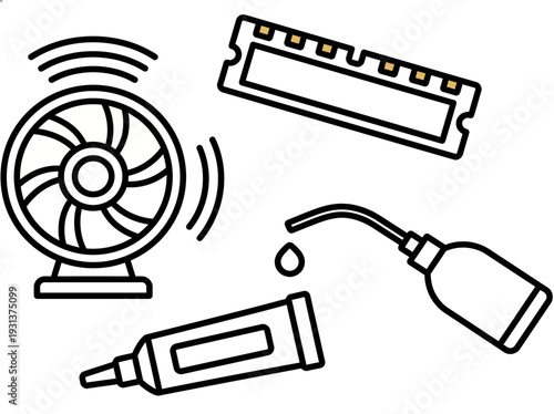Icons representing computer peripherals and office supplies in a simple graphic illustration
