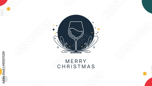 Merry Christmas holiday greeting card features elegant wine glass illustration with decorative swirls and colorful geometric shape elements.
