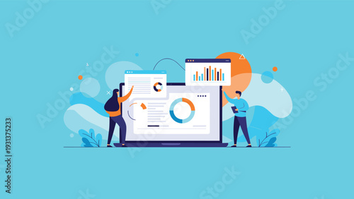 Analysts examine business charts and graphs on a large laptop screen to drive data informed decisions and company growth strategy plans.