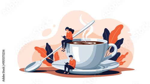 Giant cup of coffee with people reading books creates a relaxing atmosphere for knowledge acquisition and personal development time.