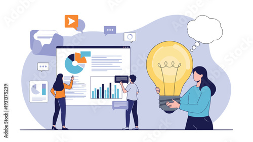 Creative team explores innovative ideas while analyzing business data and communication metrics for future project development success.