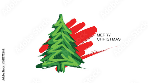Modern artistic Christmas card features a hand drawn green pine tree with bold red brushstrokes and a merry holiday greeting text.