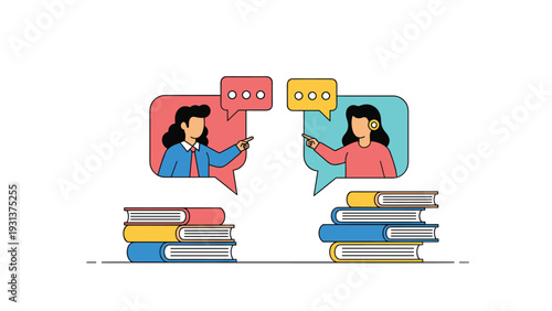 Two people engage in a heated debate or intellectual discussion while standing behind stacks of books representing different viewpoints.