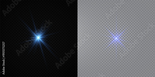 Colorful Star Light Effect Collection with Blue, Golden, and Yellow Glowing Starlight Sparkle Rays and Lens Flare Illumination on Transparent Background