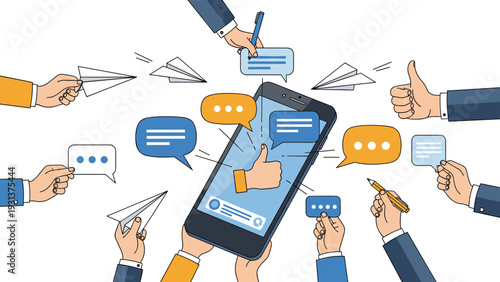 Social media engagement concept shows hands interacting with a large smartphone through likes, messages, and paper planes on a blue background.