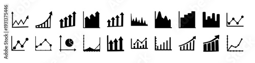 Business Analytics and Growth Chart Silhouette Set - Black silhouette icon collection featuring bar charts, line graphs, pie charts, and financial growth analytics isolated on white background.