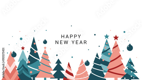 Happy New Year greeting card features a forest of stylish pastel Christmas trees and ornaments for a soft festive holiday season theme.