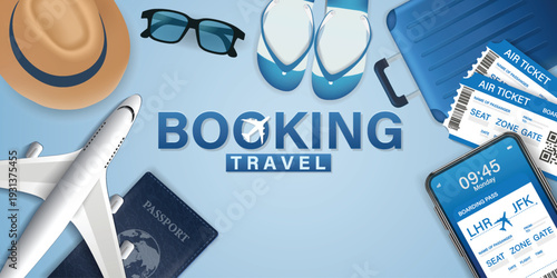 Preparation for Global Journey: Passport, Tickets, and Mobile Booking. Digital Travel Booking and Holiday Preparation Overhead View.Booking Travel: Essentials for Flight, Trip, and Summer Holiday.