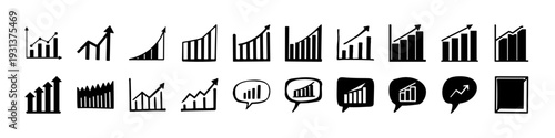 Business Growth and Analytics Silhouette Icon Set - Black silhouette icon collection featuring bar charts, growth arrows, analytics graphs, chat bubbles, and dashboard elements isolated on white backg