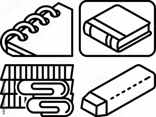 Stationery items including notebook, book, paper clips, and pencil in a graphic illustration