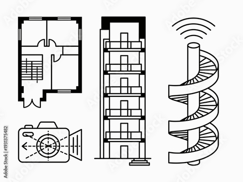 Modern Building Floorplan and Staircase Icon Set Illustration